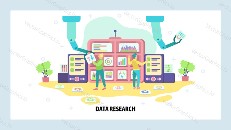 Data research and business analysis. Team work with analytics dashboard, charts, graphic. Digital and robot technology. Vector web site design template. Landing page website illustration