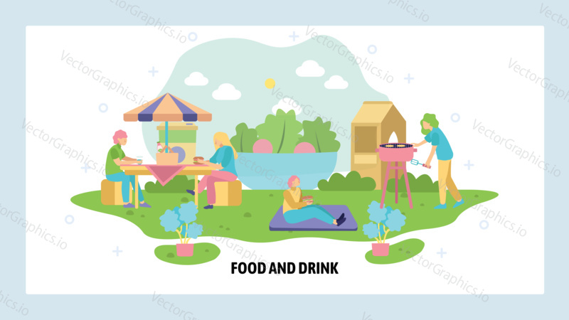 People spend weekend in a park having picnic. Family leisure time, outdoor meal. Summer holiday. Vector web site design template. Landing page website illustration