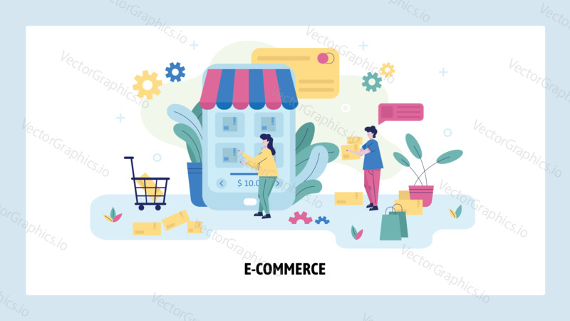 Woman buy product online usoing her mobile phone. Ecommerce concept illustration. Online shop. Vector web site design template.