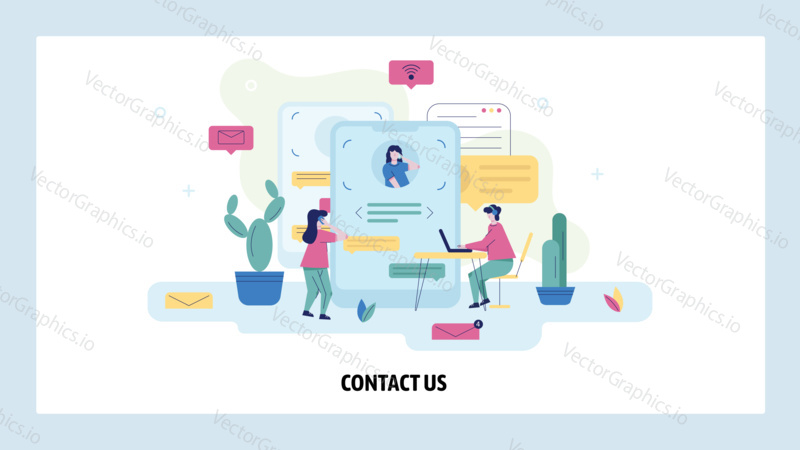 Contact us page. Call center and support online chat concept illustration. People answer calls and customer questions. Vector web site design template.