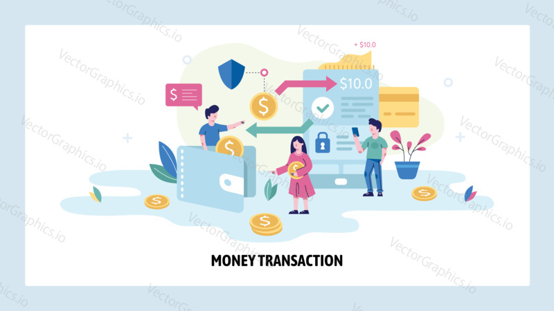 Secure money transaction concept illustration. Mobile app to digital wallet money transfer. Vector web site design template. Cashback, bank pay, financial management.