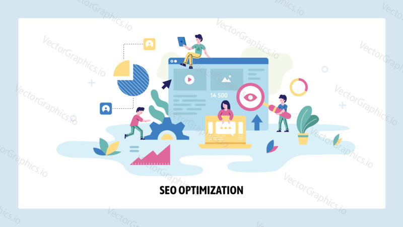 SEO snalytics and digital marketing technology. Team work with search engine optimization dashboard. Concept illustration. Vector web site design template.