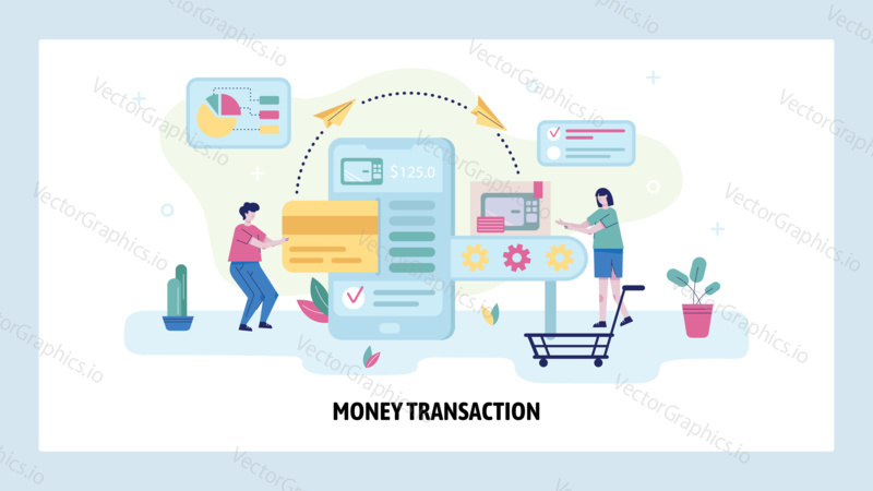 Man buy product online and pay by credit card. Mobile phone cashless terminal concept illustration. Vector web site design template. Mobile payment financial technology.