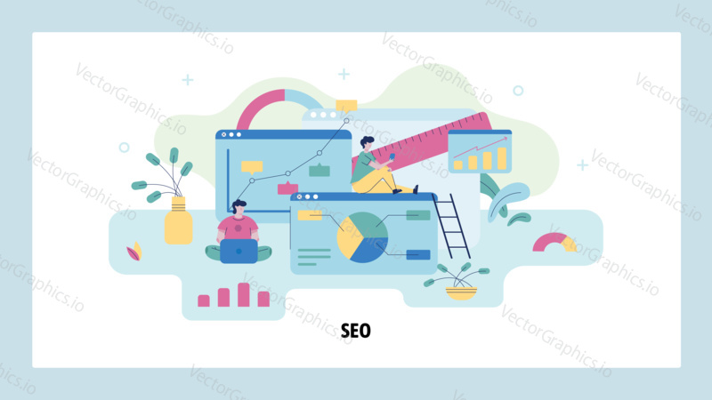 SEO snalytics and digital marketing technology. Team work with search engine optimization dashboard. Concept illustration. Vector web site design template.