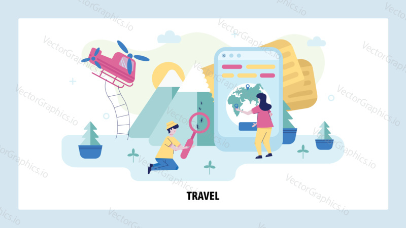 Woman uses mobile phone to plan travel route. Vacation and adventure concept illustration. Entomologist looks at ants through the magnifier. Vector web site design template.