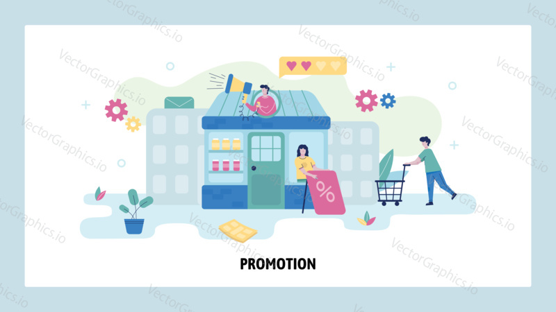 Man with megaphone invites people to shopping sale. Store building with showcase and sale discount banner. Concept illustration. Vector web site design template.