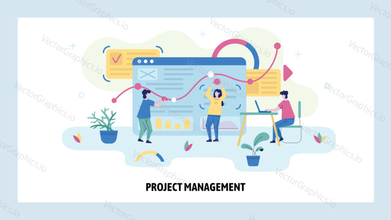 Project management and business analytics concept illustration. Team work with the dashboard. Financial analysis. Vector web site design template.