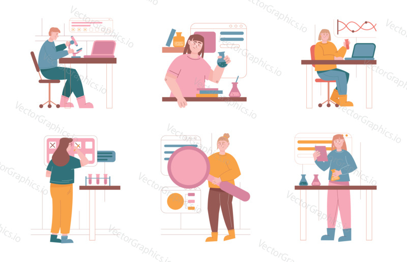 Male and female scientist characters in research laboratory doing chemical experiment. Vector illustration set of people in lab. Science, medical laboratory, flask, equipment.