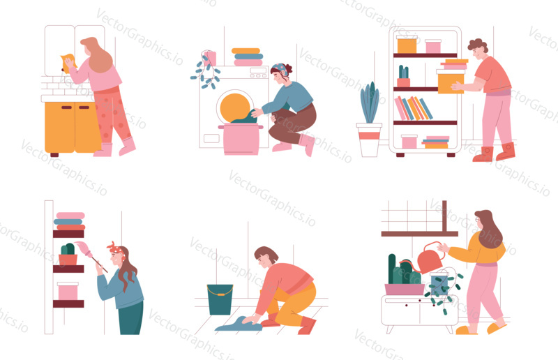 Man and woman characters clean home and do household work. Vector illustration set of people cleaning house, dusting, washing clothes. Housework, laundry, washing machine.