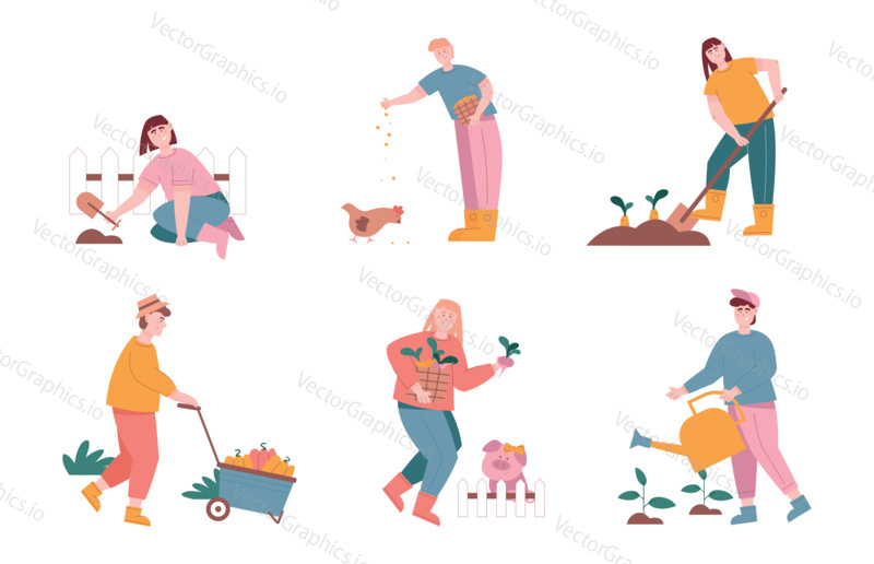 Man and woman characters harvest harvesting and planting vegetables in farm graden. Vector illustration set of farmer people work in agriculture farm field. Feeding animals, seeding plants, harvest.
