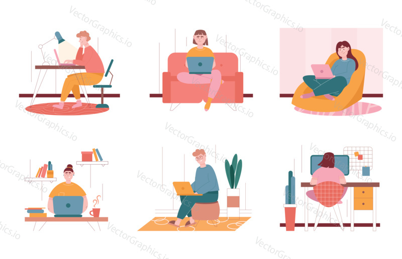 Man and woman characters working with laptop at home. Vector illustration set of freelance people work with computer in comfortable conditions at home. Office desk, couch, chair as a workplace.
