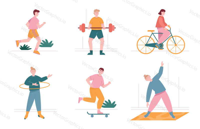 Man and woman characters exercise and doing sport at home and outdoor. Vector illustration set of people workout, doing yoga and running. Stretching, cycling, skating, weightlifting.