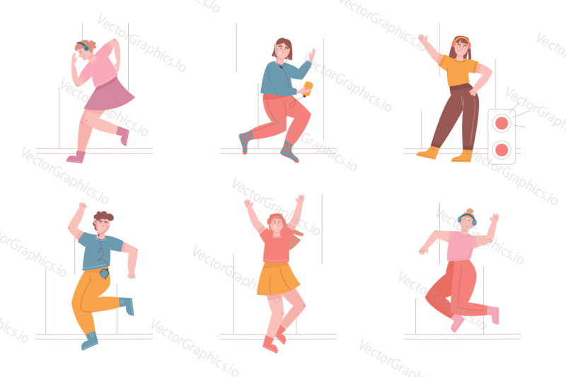 Man and woman characters listen music with headphones. Vector illustration set of happy teenage people dancing and enjoy music. Mobile phone, audio player, earphones.