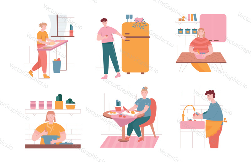 Vector illustration set of people cooking food at home. Man and woman cartoon characters eat and cook at home kitchen. Chef, kitchen table, breakfast.