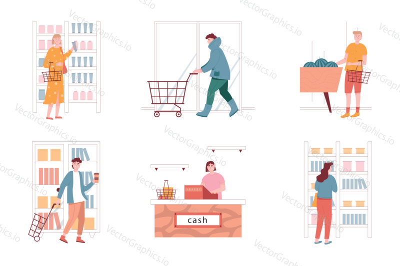 Vector set of people in supermarket store. Woman and man characters buy grocery. Isolated illustration. Woman takes cosmetics from shelves. Checkout counter, cashier.