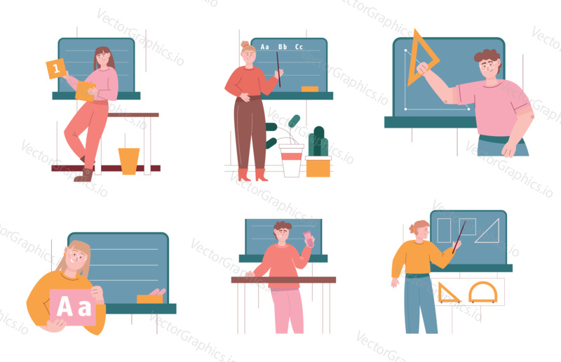 Male and female teachers stay next to blackboard in school. Vector illustration set of teachers, man and woman. Elementary school, math, geometry, chemistry, grammar.