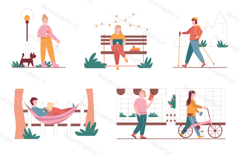 Vector set of city park situation illustrations. Woman and man characters walking in a park, work with laptop on a bench, reading book in hammock, walk with bicycle. Urban summer.