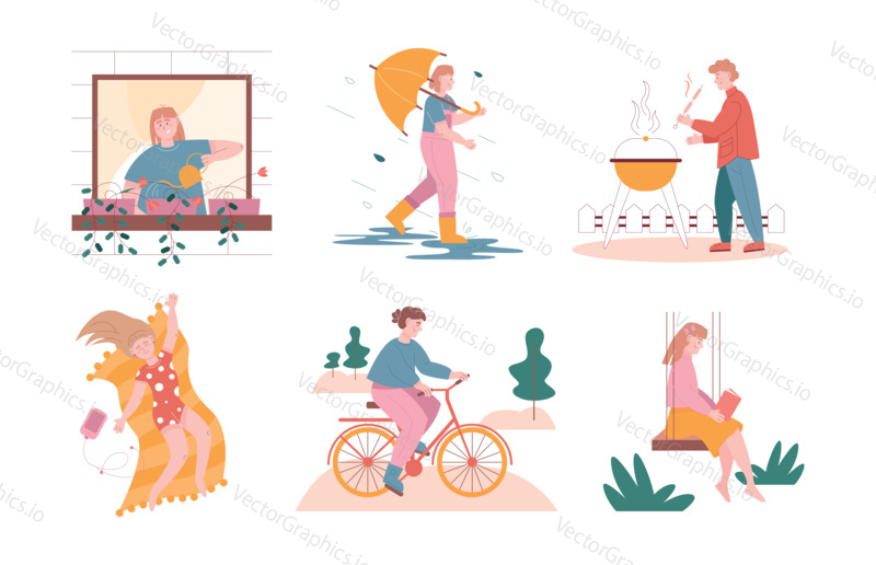Summer activity. Man and woman characters cycling, walking, reading book, enjoy summer bbq. Vector illustration set of people on weekend vacation. Happy girl lying and listening music.