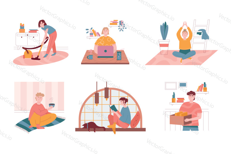 Vector set of daily life routine situations. Woman and man life at home, isolated characters illustration. Yoga and meditation, reading book, working with laptop computer, vacuum cleaner, coffee.