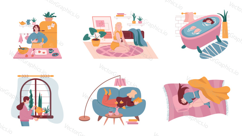 Vector set of daily life routine situations. Woman life at home, isolated characters illustration. Cooking at kitchen, yoga and meditation, taking bath, home plants, reading book on sofa, sleeping.