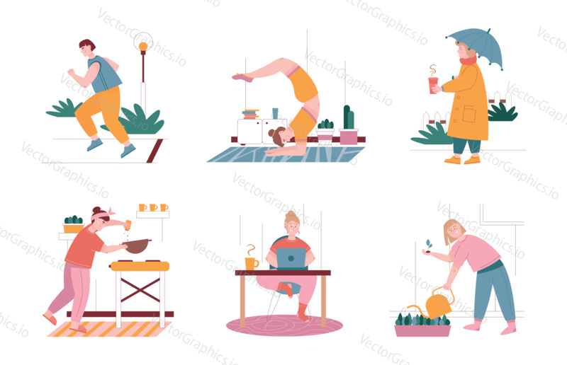 Man and woman characters in daily routine situations. Vector illustration set of people everyday leisure and work activities. Exercise and yoga at home, work with laptop, cooking at kitchen, running.