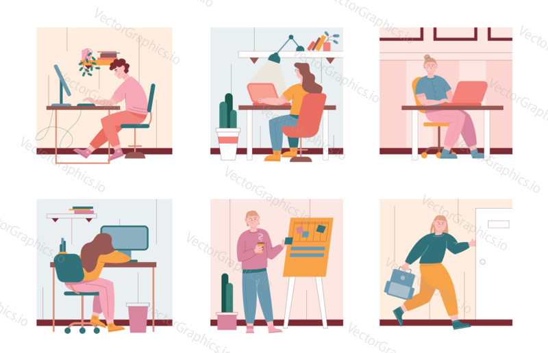 Man and woman characters work with laptop computers in office. Vector illustration set of people in workplace at home. Pupils do homework in school and at home. Man put stickers to scrum board.