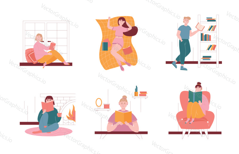 Man and woman characters reading books at home and in library. Vector illustration set of people read book. Students studying and preparing for exam.