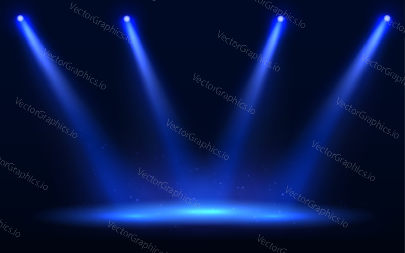 Stage spotlight vector illustration. Blue spot light effect with transparent background. Scene illumination with dark backdrop. Bight light beam.