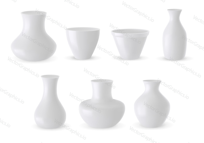 Vector set of ceramic vase 3d models isolated on white background. White pottery vases realistic illustration. Flower pot mockup.