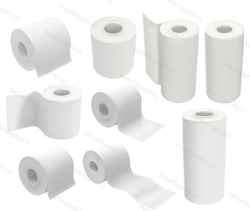 Toilet paper roll isolated on white background. Mock up package vector illustration in 3d realistic style. Set of hygienic tissues and kitchen towels.