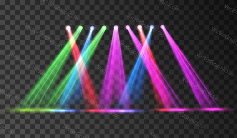 Disco club colorful stage spotlight. Vector illustration with transparent background. Spot light neon sources, light beams.
