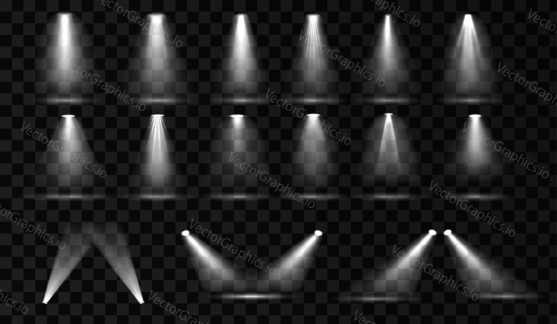 Stage spotlight vector set. Spot light effect with transparent background. Scene illumination collection. Bight light beam.