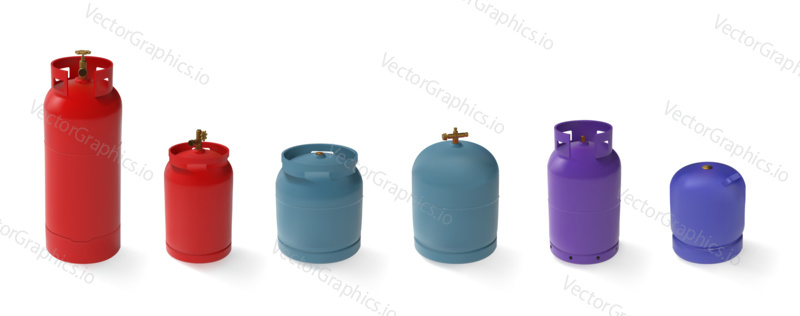 Vector set of different gas tanks. LPG natural gas cylinders with different shapes and colors. 3d mockup propane butane container for compressed gas.