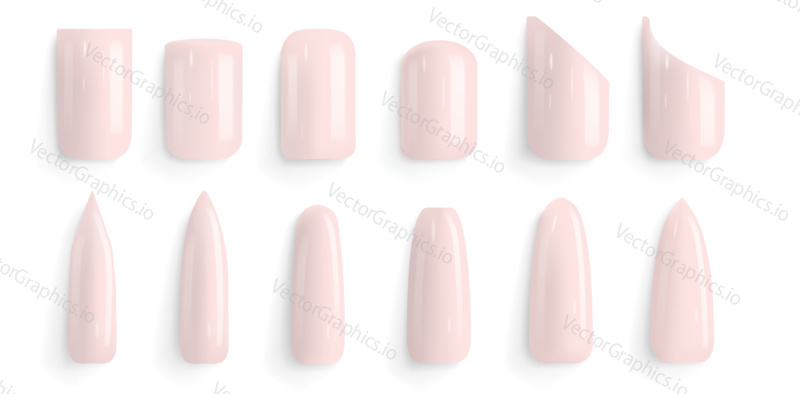 Vector set of different fashion nail shapes. False nail polish design mockup templates. Manicure, fingernails.