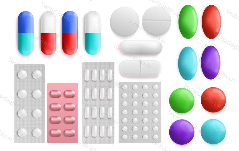 Vector set of vitamin pill and tablet 3d models isolated on white background. Medicine and medical drugs illustration. Mockup and realistic template for drugs blister. Colorful antibiotic pills.