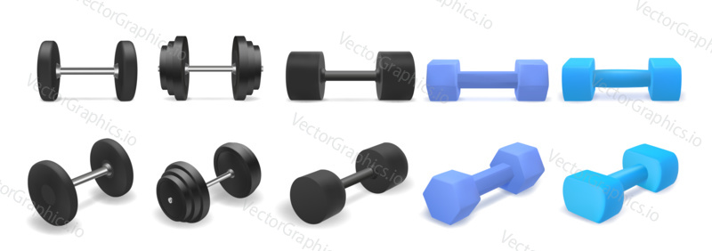 Vector set of dumbbells isolated on white background. Realistic 3d objects for gym or fitness. Blue and black dumbbell.