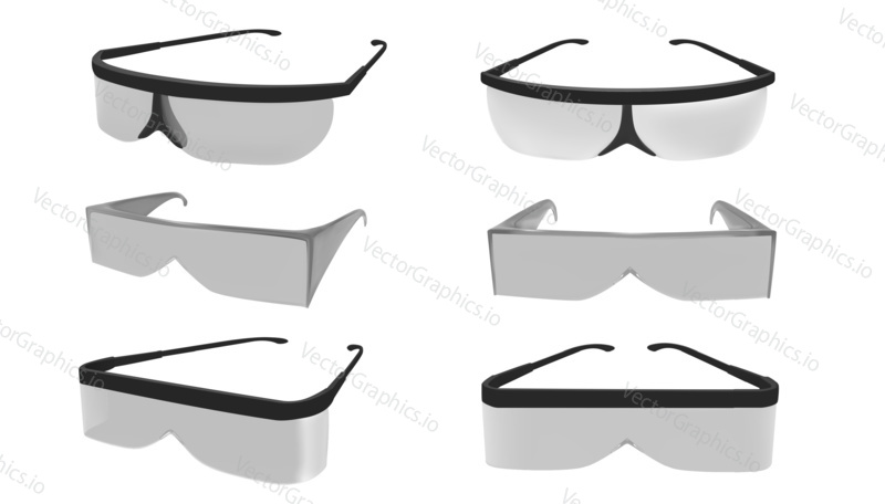 Vector set of industrial safety glasses isolated on white background. Work security and eye protection glasses. Realistic detailed 3d mockup template.