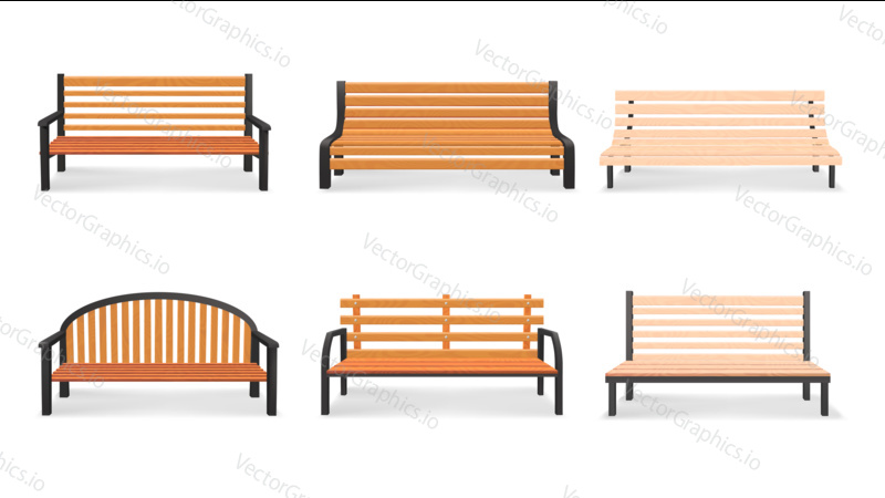 Vector set of wooden bench 3d models isolated on white background. Bench in a park illustration.