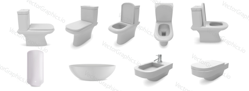 Washroom toilet sink isolated on white background. 3d realistic vector objects. Bathroom ceramic furniture, basin, water heater, bidet. Home interior illustration.
