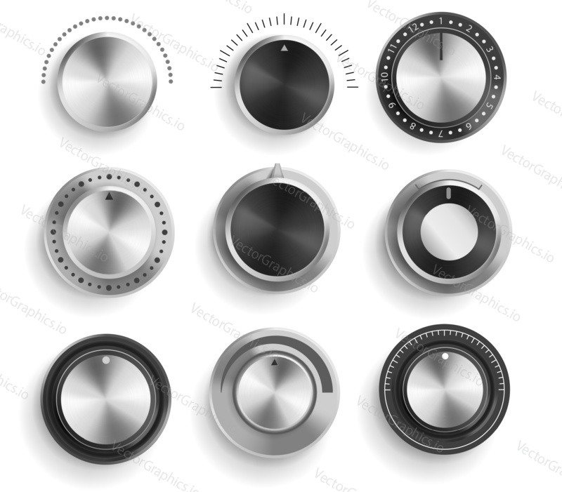 Vector set of black and chrome volume control buttons isolated on white background. Realistic 3d metal sound knobs. Tune and volume round button with scale.