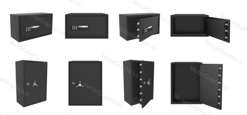 Vector set of black safe box isolated on white background. Realistic 3d objects for banking and money saving deposit. Open and closed empty metal safe box with lock and vault.