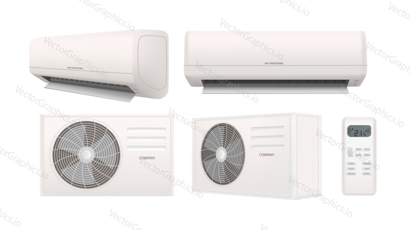 Air conditioner 3d vector illustration in realistic style. Air condition split system set isolated on white background. Home cooler with remote control.