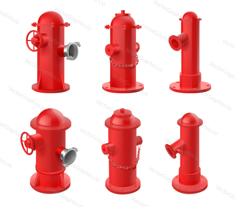 Vector set of red fire hydrants isolated on white background. Realistic 3d objects for city fire fighting department.