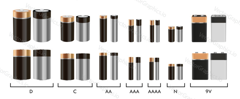 Реалистичный векторный набор щелочных батарей. Изолированные объекты на белом фоне. Батареи разного размера. Аккумуляторы AA, AAA, 9V, N, D, C