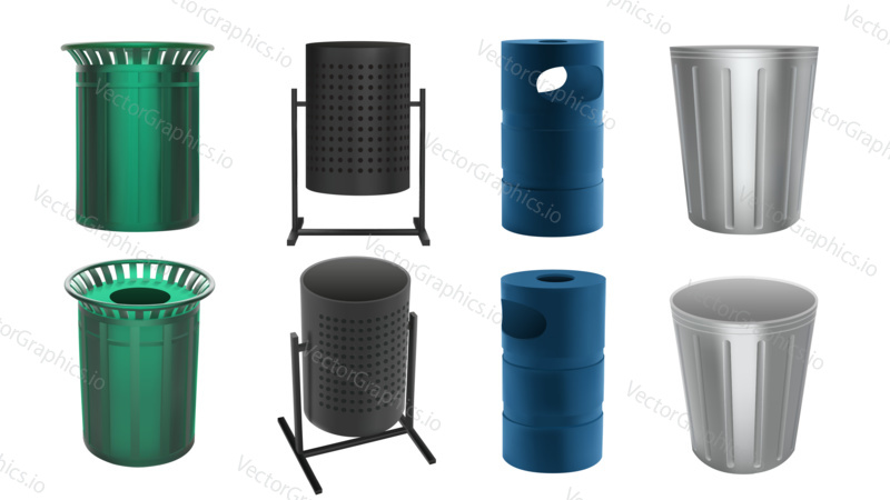 Trash bin for city streets and parks. Metal cans for garbage and waste. Vector set in 3d realistic style. Trash bin isolated on white background. Urban design for public sidewalks.