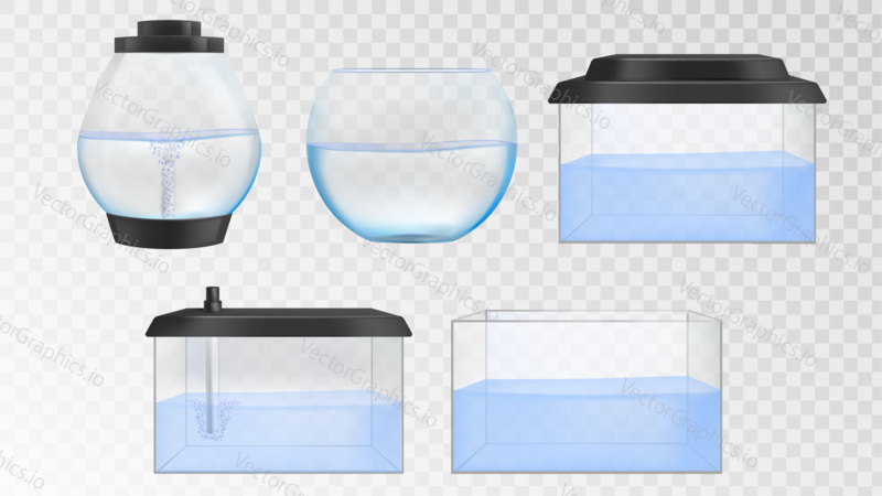 Realistic glass aquarium vector set. Fishbowl with water isolated on transparent background. Different forms of glass aquarium. Illustration objects.