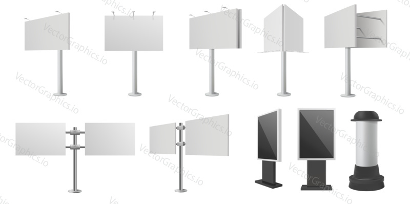 Vector set of blank billboard 3d models isolated on white background. Outdoor advertising billboard illustration. Mockup and template for street ad campaign. Advertising stand.