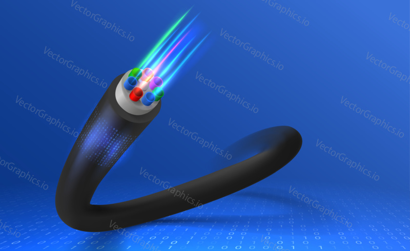Fiber optic cable vector concept illustration for network and telecommunication technology. Fibre wire core with different colors cables. High speed communication and data transfer technology.
