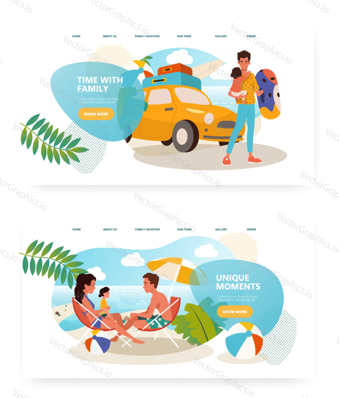 Family vacation on a beach concept illustration. Family travel by car with kid. Vector web site design template. Landing page website illustration