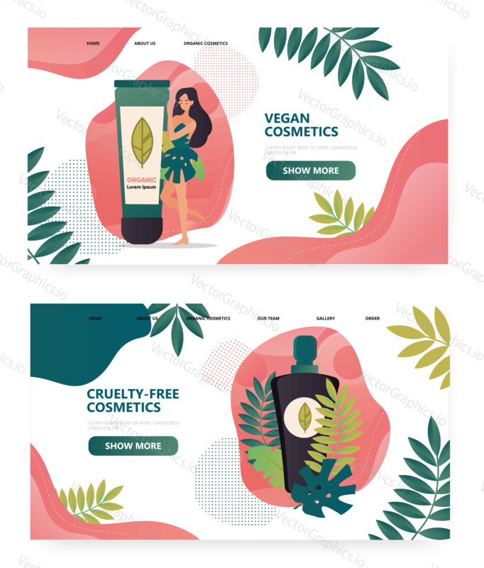 Vegan organic cosmetic concept illustration. Cruelty free cosmetics, body care. Beauty spa salon. Woman try cream. Vector web site design template. Landing page website illustration.